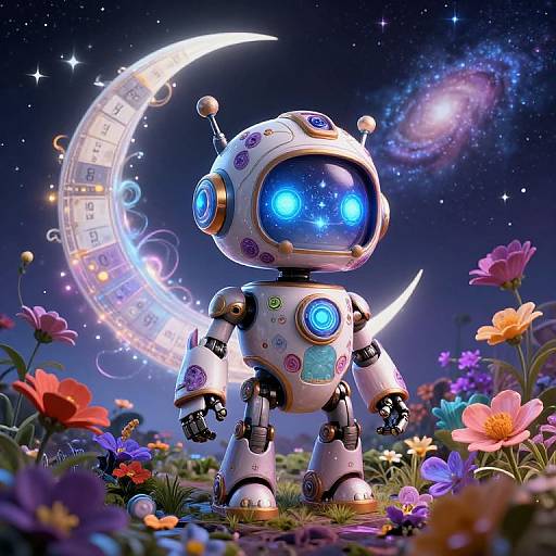Digital art of a cute, glowing blue-eyed robot with white and colorful accents, standing in a vibrant, starry garden with flowers and a crescent