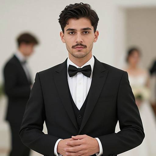 Photograph of a young man with dark hair and mustache, wearing a black tuxedo with bow tie, standing in a blurred wedding setting.