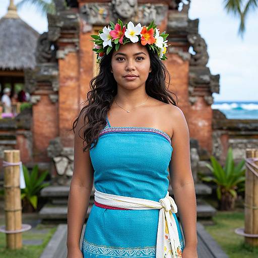 Photograph of a young woman with dark, wavy hair wearing a blue strapless dress, white sash, and colorful flower crown, standing in