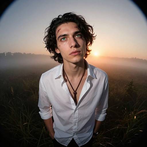 Photograph of a young man with curly black hair, wearing a white button-up shirt and necklace, standing in a misty field at sunset.