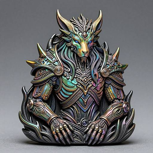 Digital artwork of a glowing, armored, wolf-like creature with intricate, multicolored patterns, sitting upright against a gradient gray background.