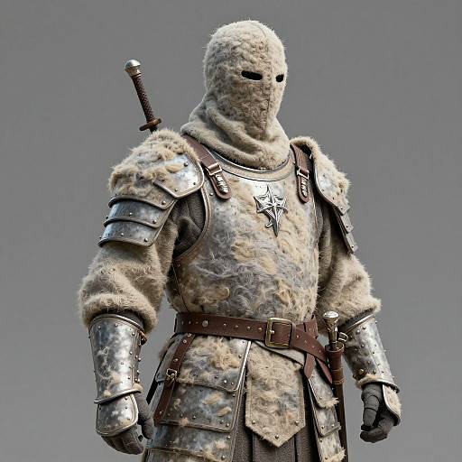 CGI medieval knight in fur-lined armor, face hidden by white wool mask, sword on back, gray background. Detailed, textured armor.
