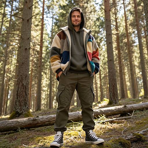 Photograph of a bearded man in a colorful, striped fleece jacket, gray hoodie, and olive cargo pants, standing in a sunlit forest.