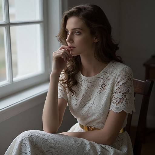 Photograph of a pensive woman with wavy brown hair, wearing a white lace dress and gold belt, sitting by a sunlit window.