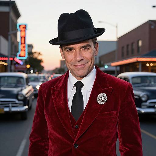 Photograph of a smiling man in a black fedora, red velvet suit, white shirt, black tie, and circular brooch, standing on a