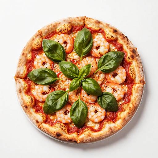 Vibrant Overhead Shrimp Basil Pizza