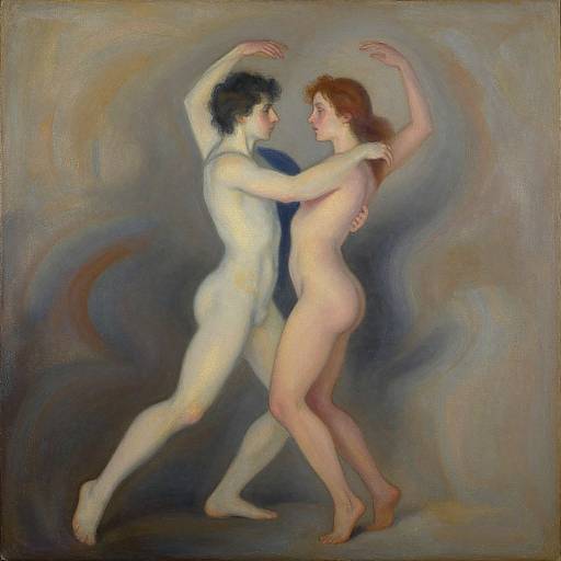 Impressionist painting of two nude, light-skinned dancers with contrasting hair colors, black and red, intertwined gracefully against a swirling background.