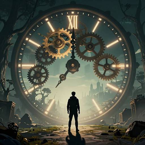 Digital art of a silhouetted figure standing before a massive, glowing clock with gears, set in a dark, ruined landscape.