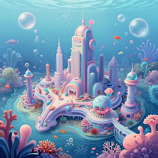Vibrant underwater cityscape digital art: futuristic buildings with pastel colors, winding paths, bubbles, colorful fish, and coral reefs. Bright,
