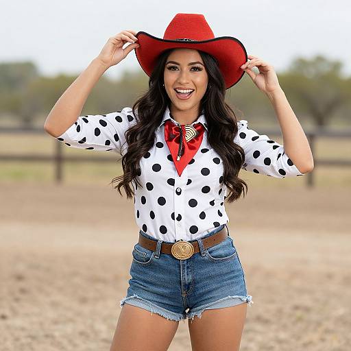 Photograph of a smiling young woman with long black hair, wearing a red cowboy hat, white polka dot shirt, red neckerchief, blue