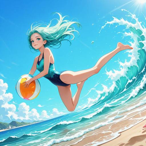 Cheerful Girl Jumping into Waves