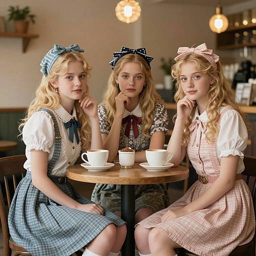 Photograph of three young blonde women with curly hair, wearing vintage blue, black, and pink checkered dresses with bows, sitting at a wooden table