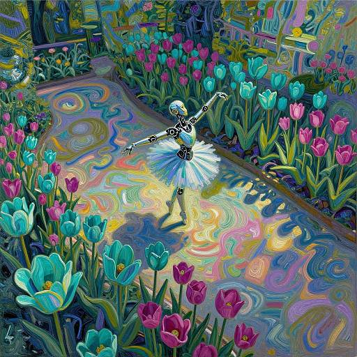 Vibrant digital painting of a ballerina with black-and-white dress, arms outstretched, dancing among colorful tulips on a swirling,