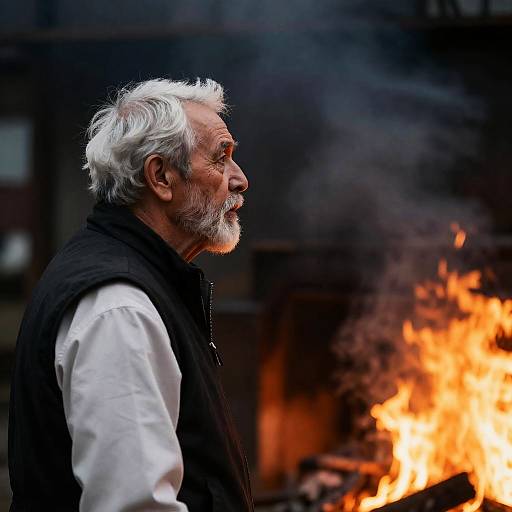 Wise Man Gazes at Fiery Blaze