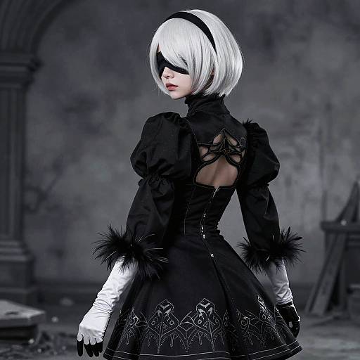 Digital artwork of a white-haired, blindfolded female character in a black gothic dress with white gloves, standing in a grayscale, archway background