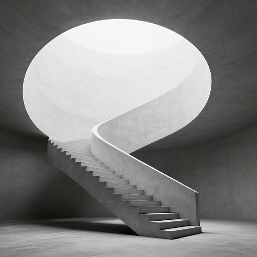 Photograph of a minimalist, concrete staircase ascending to a large, bright white circular light source in a stark, gray room.