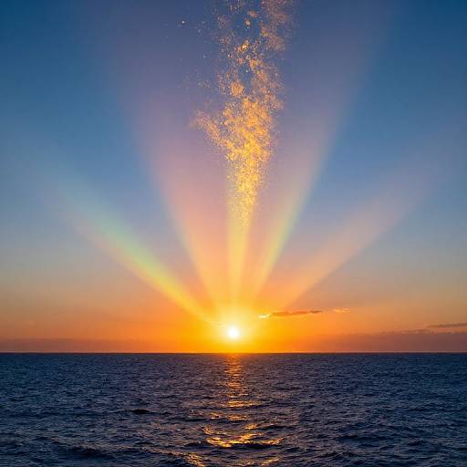 Sunset Rainbow Beams Over Ocean