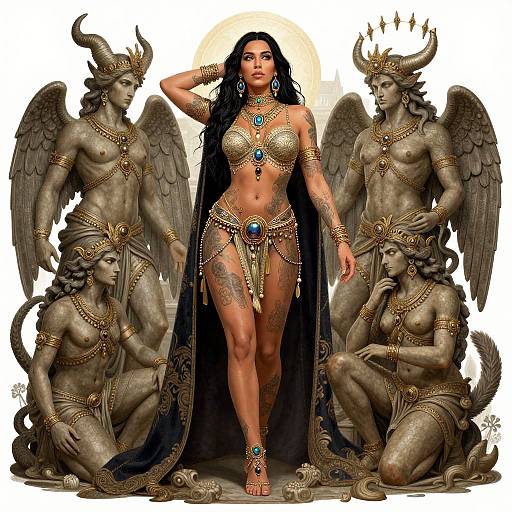 Digital artwork of a dark-haired queen in golden, jeweled armor, flanked by four stone statues with horns and wings.