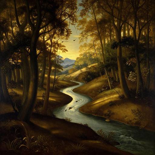 Digital painting of a winding forest stream at sunset, with golden light filtering through tall, dark trees, and distant mountains.