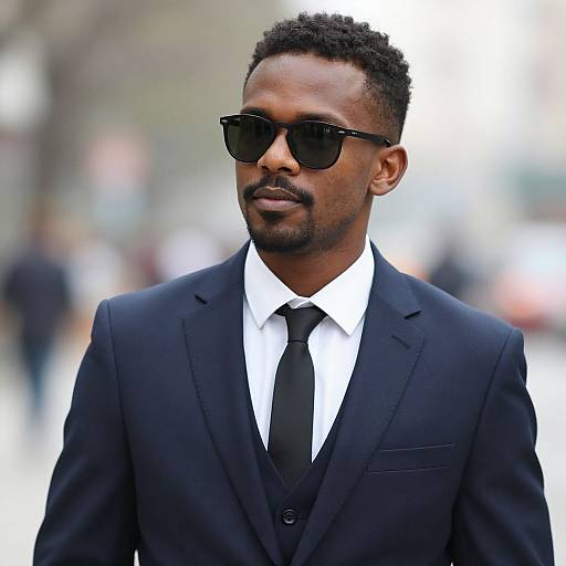 Photograph of a stylish Black man with short curly hair, black sunglasses, black suit, white shirt, black tie, standing confidently outdoors.