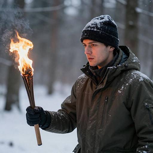 Man in Snowy Forest with Torch