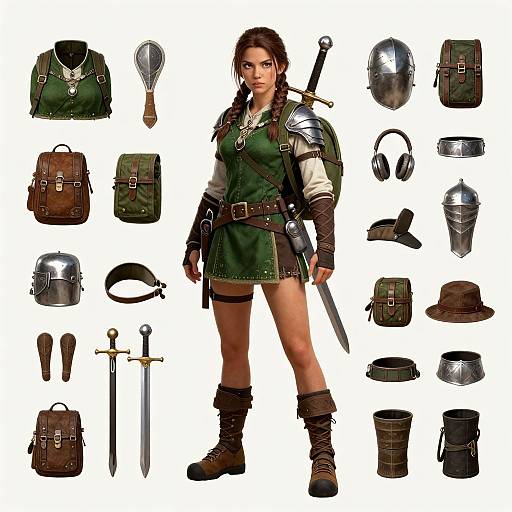 Digital illustration of a warrior woman in green tunic, leather boots, and armor, surrounded by various medieval gear and weapons.