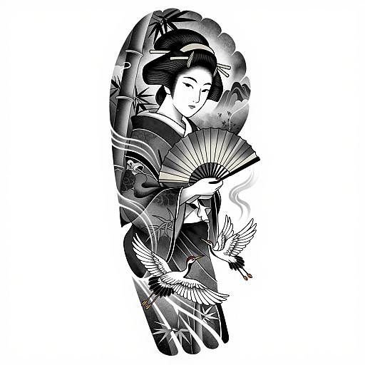 Elegant Geisha Tattoo with Bamboo and Cranes