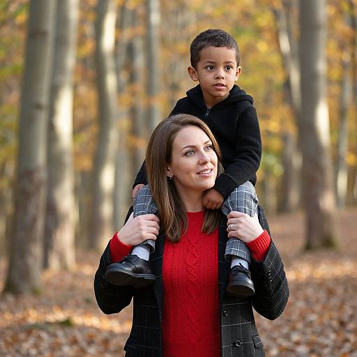 Photograph of a smiling white woman in a red sweater and black coat, carrying a young boy in a black hoodie and plaid pants, in a