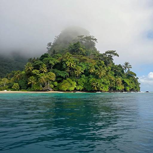 Photograph of a tropical island with lush green palm trees, mist-covered hilltop, and crystal-clear turquoise water in the foreground.