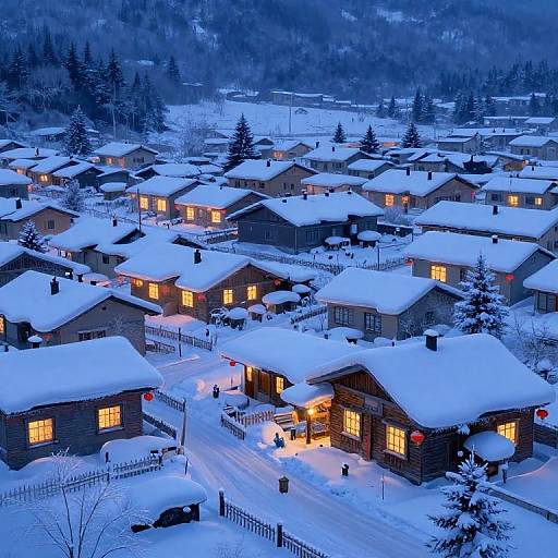 Aerial photograph of a snowy village at dusk, featuring warmly lit wooden houses with snow-covered roofs, surrounded by evergreen trees. Blue twilight enhances the