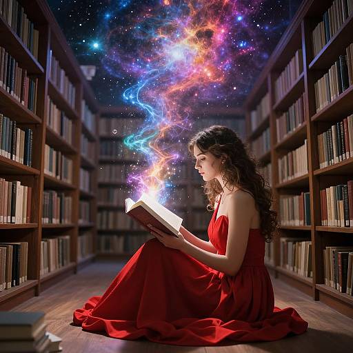 Photograph of a woman with long curly hair in a red dress, reading a book, with colorful cosmic nebula emanating from the book in a