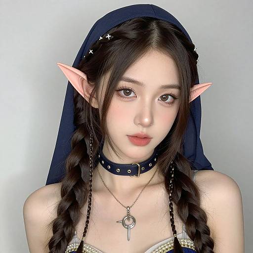 Digital portrait of an East Asian woman with elf ears, long black braided hair, pale skin, wearing a black veil, choker, and key