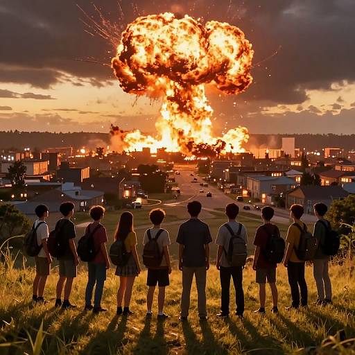 Digital artwork of six anime-style schoolchildren watching a massive, fiery explosion illuminate a suburban town at sunset. Silhouetted against the bright orange sky