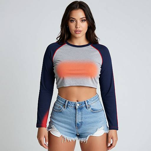 Photograph of a young woman with long dark hair, wearing a gray and black raglan shirt with orange stripe, and frayed light blue denim shorts