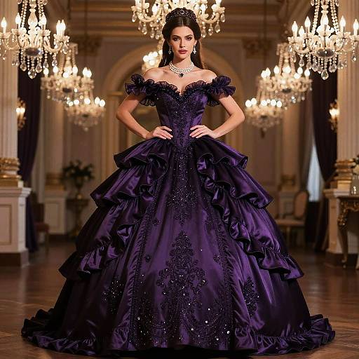 Photograph of a woman in an off-the-shoulder, dark purple, intricately beaded ball gown, standing in an opulent room with
