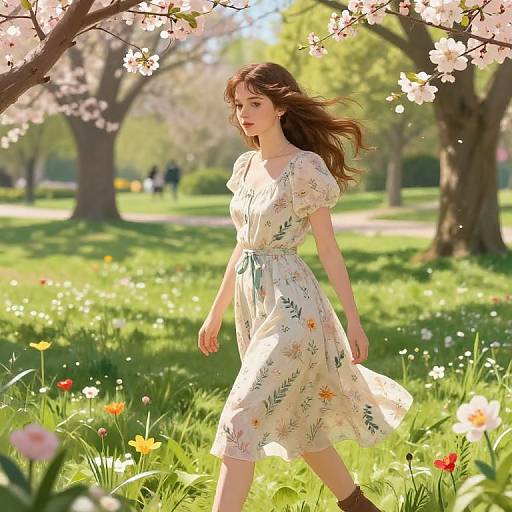 Photorealistic image of a young woman with long brown hair, wearing a white floral dress, walking through a sunlit, blooming garden with cherry