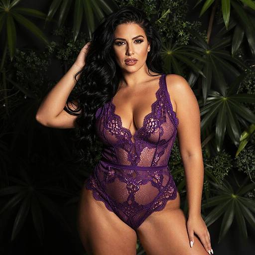 Photograph of a curvy woman with long black hair, wearing a revealing purple lace bodysuit, standing against a dark green leafy background.