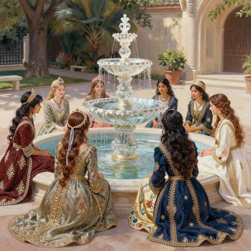 Digital painting of six women in elaborate, ornate Middle Eastern dresses, seated around a multi-tiered fountain in a sunlit courtyard.