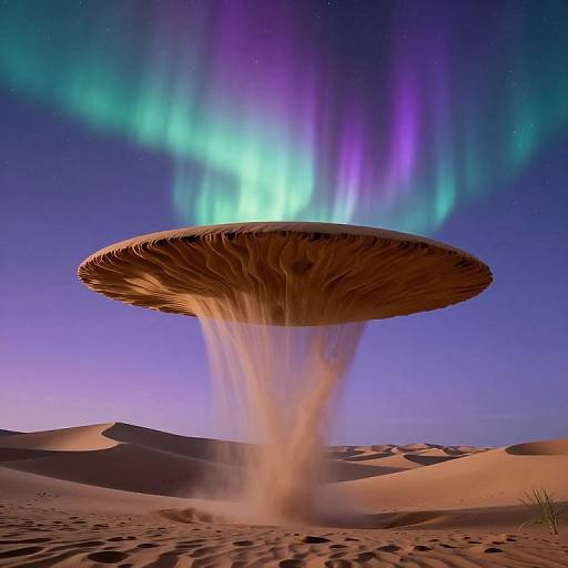 Photograph of a mushroom-like desert plant with a large, brown, flat cap emitting water vapor, set against a night sky with vibrant purple and green