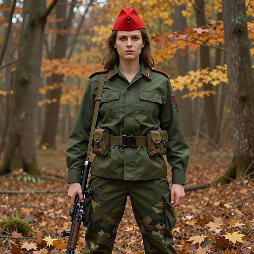 Woman Soldier in Autumn Forest