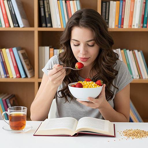 Photograph of a woman with long dark hair, wearing a gray shirt, eating strawberries from a white bowl while reading, with a glass of tea and