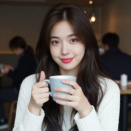 Cozy Café Woman with Thumbs-Up