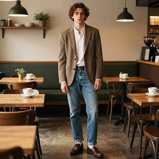 Young man in smart casual blazer and jeans in coffee shop