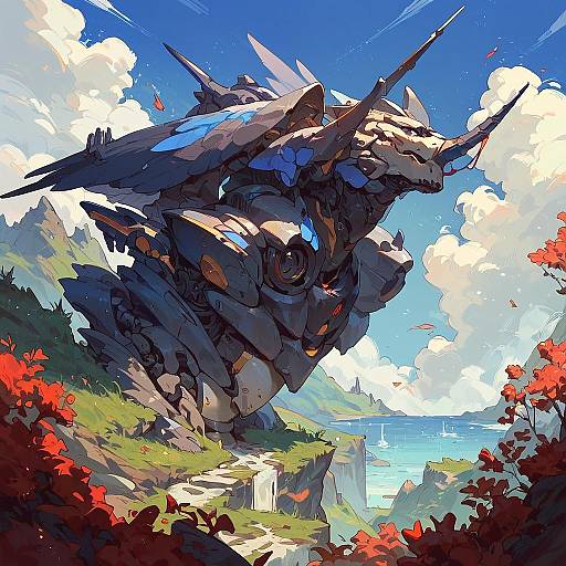 Mechanical Dragon Statue in Scenic Landscape