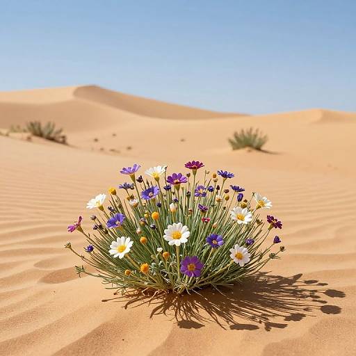 Photograph of vibrant wildflowers with white and purple daisies, yellow centers, and green stems, standing out against golden sand dunes under a