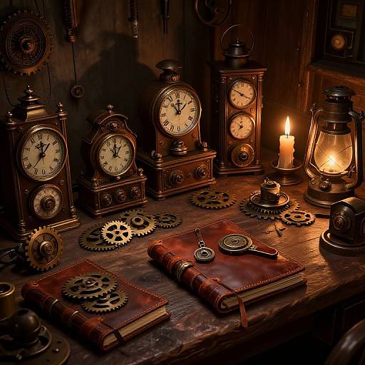Photograph of vintage wooden clocks, gears, lit candle, and leather-bound book on a dark wooden table, creating a warm, steampunk ambiance