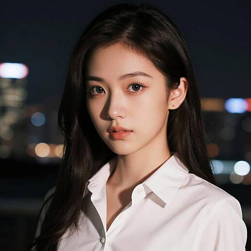 Photograph of an Asian woman with long black hair, wearing a white button-up shirt, illuminated by city lights at night.
