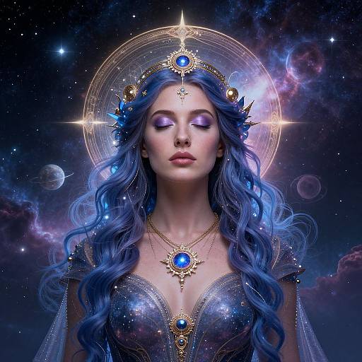 Digital art of a celestial, blue-haired goddess with closed eyes, wearing a golden crown and necklace with blue gems, against a starry, cosmic background