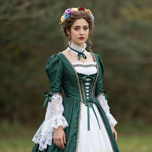 Photograph of a fair-skinned woman with brown hair, wearing a green Victorian-style dress with white lace, a floral crown, and standing in a
