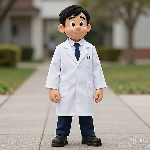 CGI cartoon of a smiling young boy with black hair, wearing a white lab coat, blue tie, and black shoes, standing on a suburban sidewalk